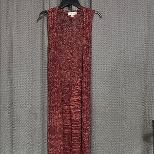 Knox Rose Long Open Front Knit Duster Vest in burgundy.